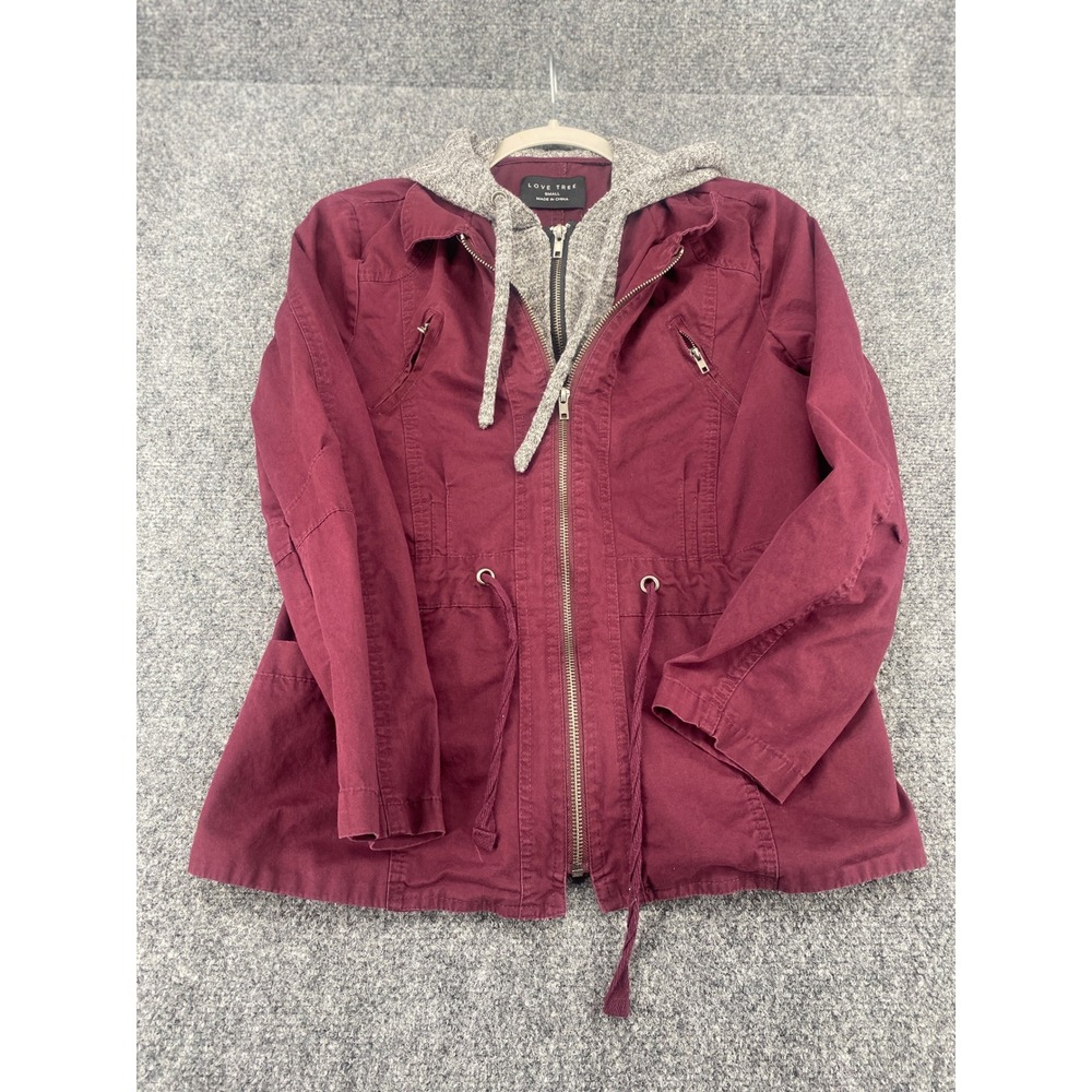 Love Tree Utility Jacket Women Small Burgundy Maroon Hooded Field Coat Light